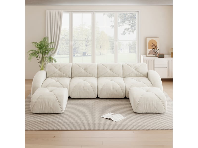  Canapé modulable panoramique 4 places en chenille beige clair avec 2 poufs  - Conforama D