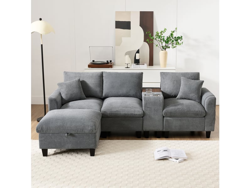  Canapé d'angle modulaire 4 places en velours côtelé gris avec usb et rangement  - Conforama B