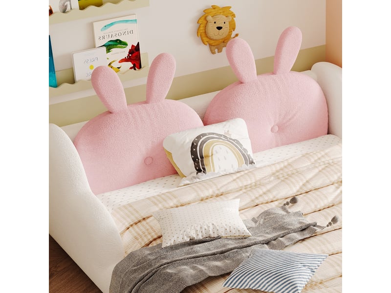  Lit enfant 140x200 cm – lit double 140x200 - avec oreiller en forme de lapin et barrières latérales en nuage - tissu velours  - blanc  - Conforama E