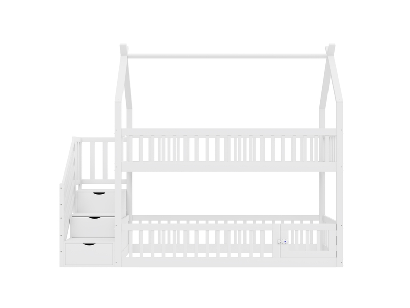  Lit superposé enfant 200×90 cm avec toit, escalier à tiroirs et espace de jeu, sans matelas, en bois blanc  - Conforama E