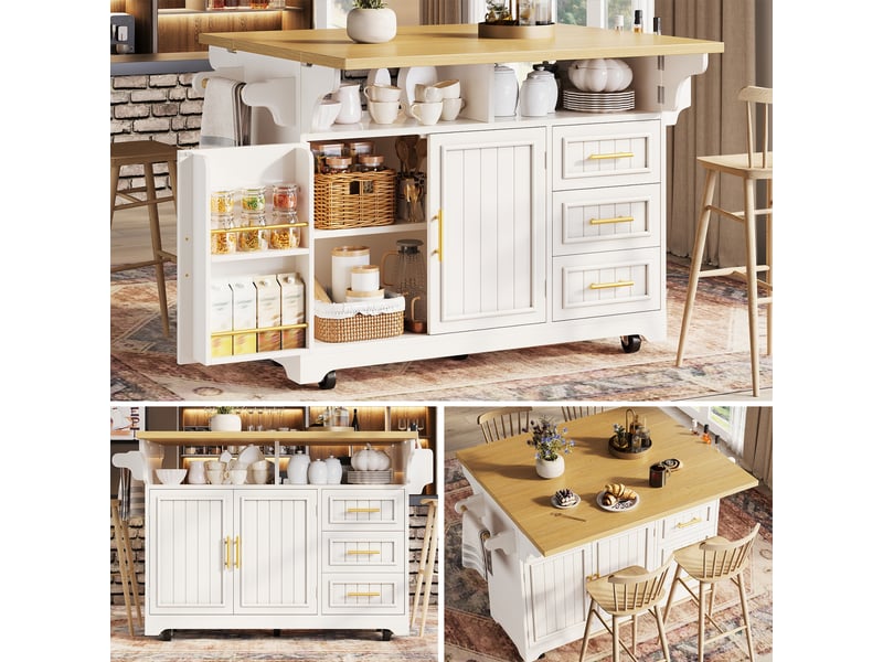  Buffet bas blanc 120x40x95 cm avec extension latérale pliable, meuble de rangement cuisine avec 3 tiroirs profonds  - Conforama B
