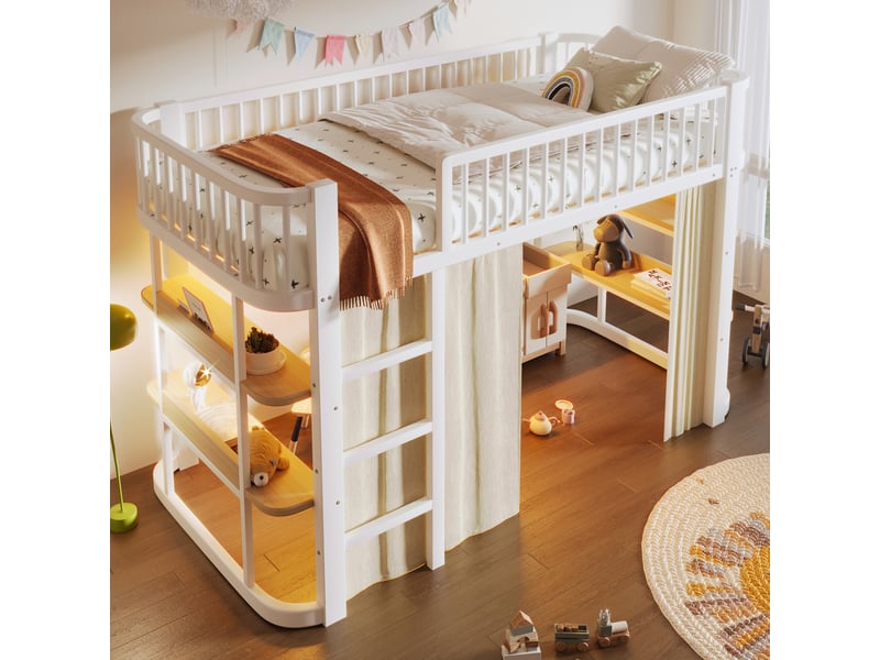  Lit mezzanine enfant 90x200 cm en métal blanc avec rideaux occultants, espace inférieur personnalisable et led intégrée Morn Vibe - Conforama C