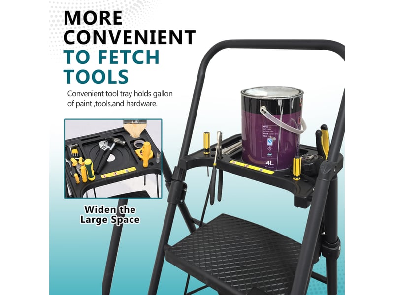  Escabeau 4 marches acier pliant avec rampe et plateau porte-outils amovible, charge 150 kg, noir  - Conforama W