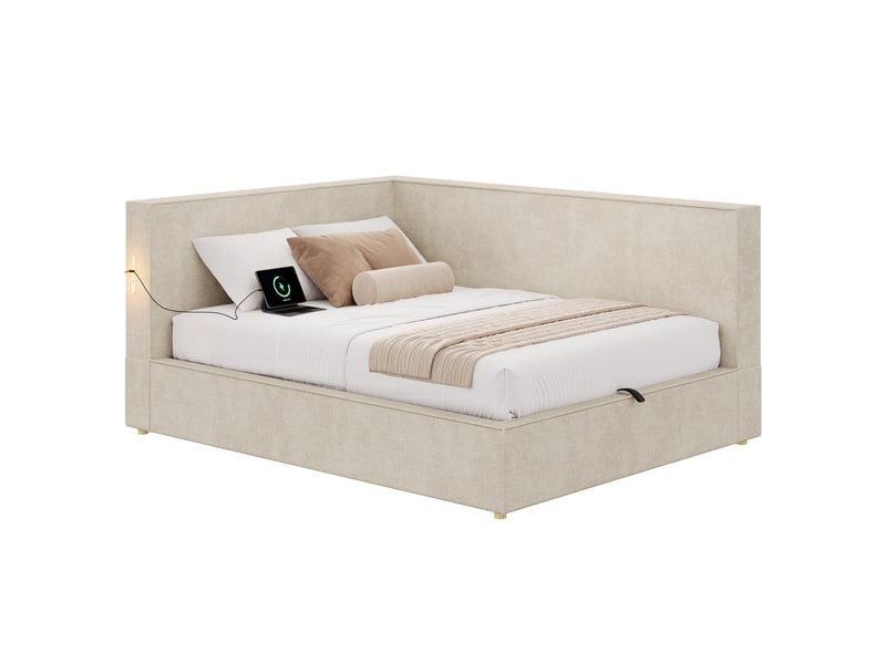  Lit banquette enfant 140x190 cm rembourré en chenille avec rangement, sommier à lattes, led et ports usb et usb-c, pour chambre d’adolescent - beige  - Conforama A