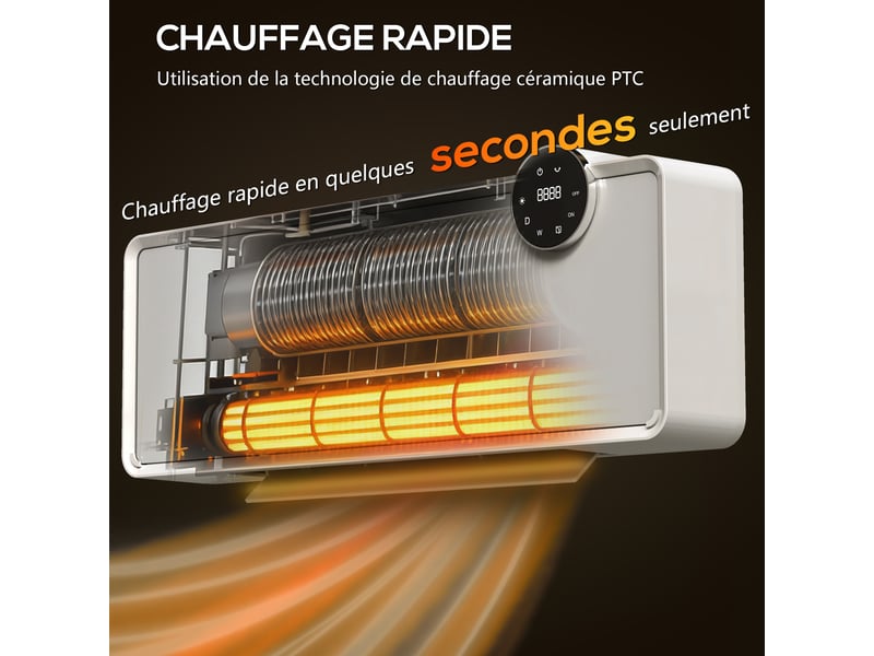  Chauffage mural en céramique 10002000w, radiateur électrique, ventilateur, thermostat, 54x18,7x12,3cm, minuterie, blanc  - Conforama A