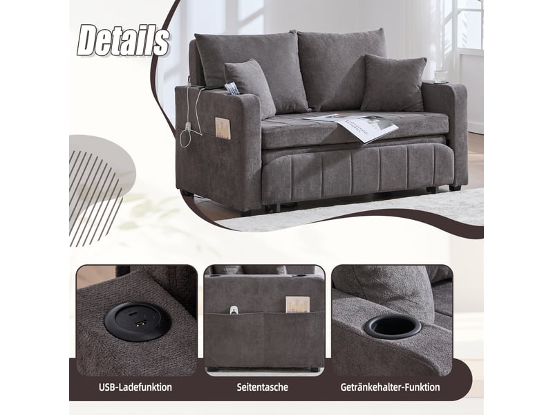  Canapé-lit 2 places convertible en tissu chenille, 4 coussins inclus, poches latérales, porte-gobelets, mousse haute densité, gris  - Conforama E