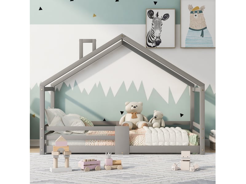  Lit cabane enfant 90x200 cm gris en bois avec barrières de sécurité  - Conforama E