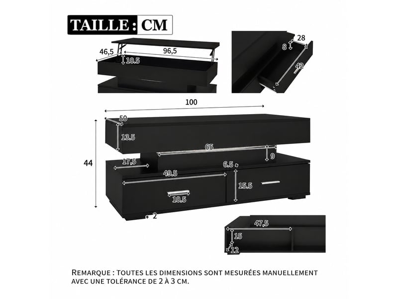 Table basse relevable noire avec led et 2 tiroirs, 100 × 50 × 44 cm - Conforama C
