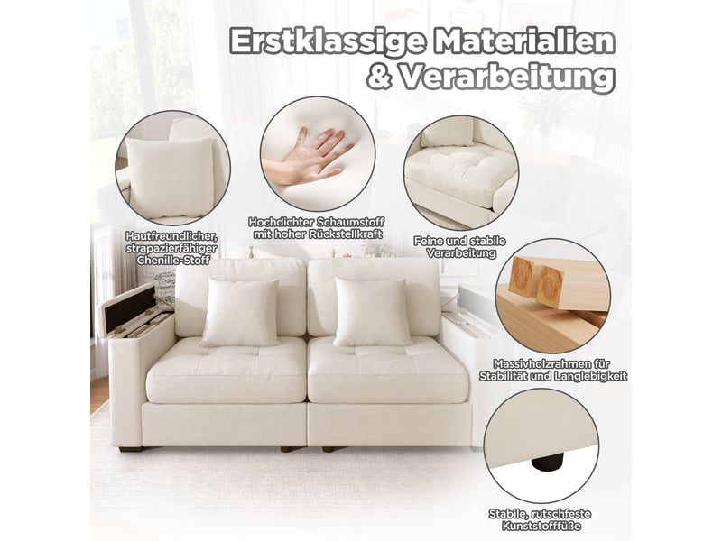  Canapé 2 places beige en tissu chenille, canapé moderne 180 cm avec accoudoirs de rangement et 2 coussins inclus.  - Conforama E