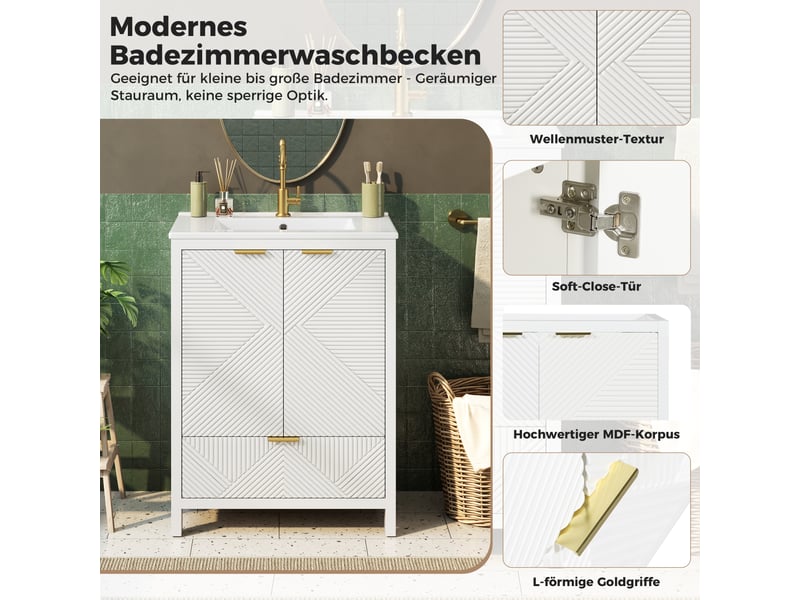  Meuble sous-vasque sur pieds 61 cm blanc, céramique et mdf, façade ondulée, tiroir, doubles portes et fermeture douce  - Conforama D