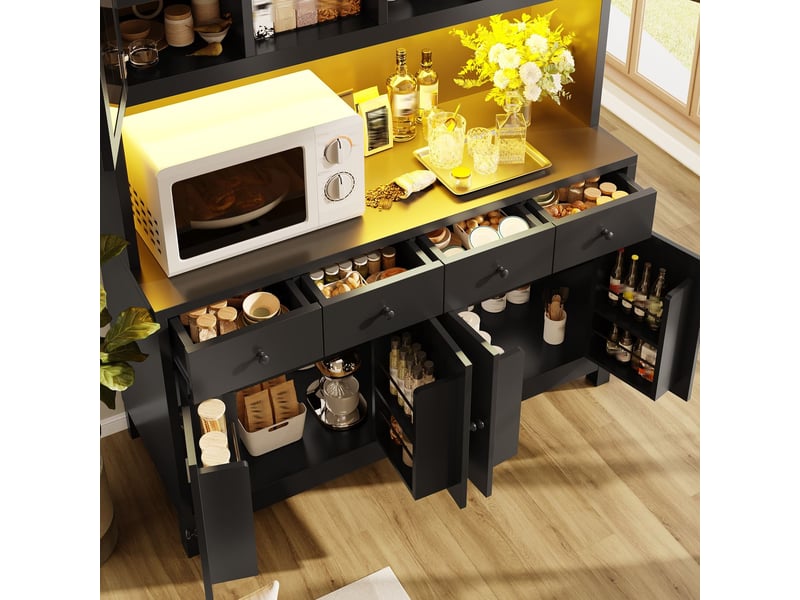 Buffet 140 x 38 x 180 cm à portes vitrées éclairage led rgb piloté par application 4 tiroirs étagères réglables charge jusqu’à 100 kg coloris noir - Conforama D