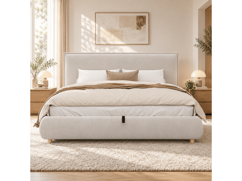  Lit coffre 160 x 200 cm avec rangement hydraulique, lit double rembourré en velours avec tête de lit design plié et pieds en bois massif - crème  - Conforama C
