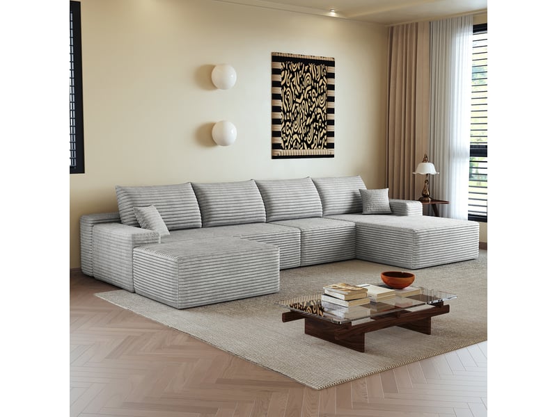  Canapé modulable d’angle en mousse 340 cm, méridienne en l, velours côtelé, assise profonde – gris IKSETERA TRADING LTD - Conforama B