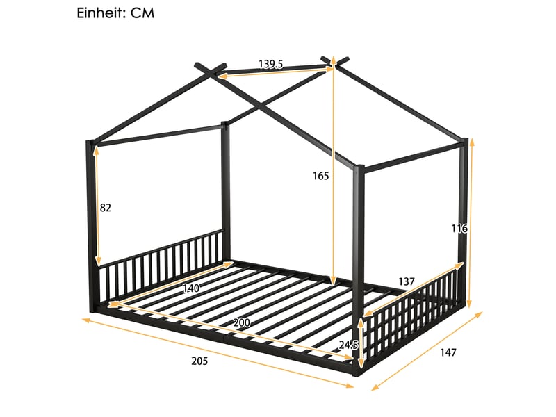  Lit cabane 140x200 cm, lit enfant en forme de maison avec sommier métal, noir, sans matelas  - Conforama C