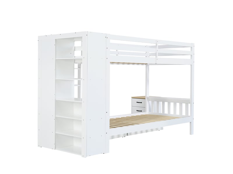 Lit superposé en bois 90×200 cm avec 2 tiroirs, rangements et échelle, blanc - Conforama E