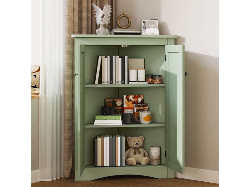 Meuble d'angle triangulaire avec porte en verre ondulé, étagère ouverte, éclairage led intégré et étagères réglables - Conforama B