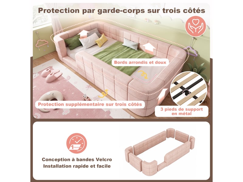  Lit enfant 90x190 cm rose, chenille douce, cadre de protection et entrée basse, sommier inclus  - Conforama D