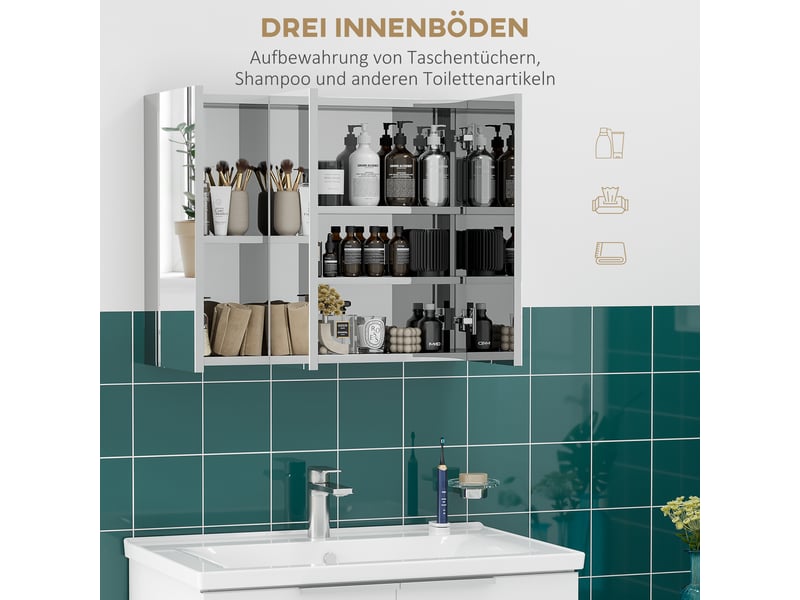  Armoire de toilette avec 3 portes miroir en acier inoxydable argenté 70x12x55 cm  - Conforama D