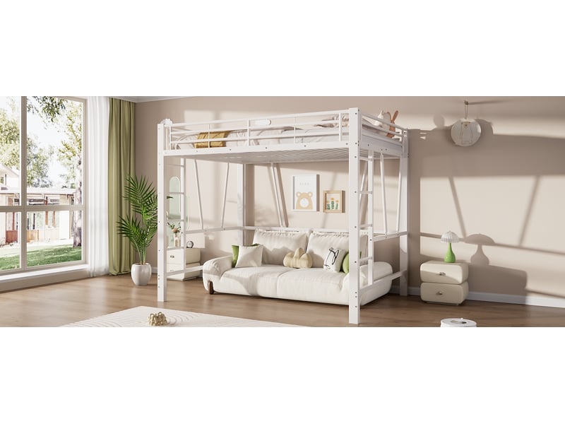 Lit mezzanine 140 x 200 cm avec accès par échelle des deux côtés et barrières hautes autour du couchage supérieur, métal, blanc Morn Vibe - Conforama B
