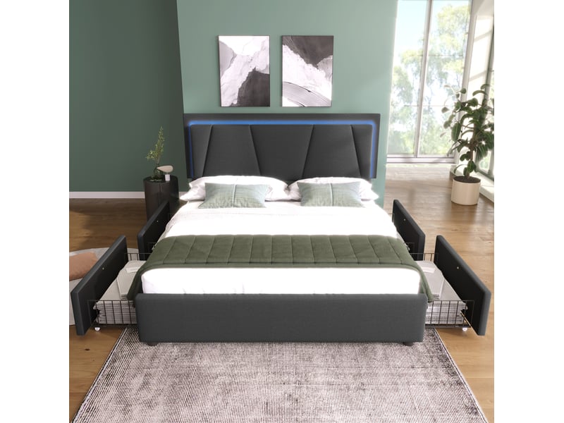  Lit double rembourré 160x200 cm avec matelas à ressorts ensachés, éclairage led, 4 tiroirs de rangement, tête de lit réglable en hauteur, sommier à lattes en bois, structure en métal et tissu gris  - Conforama E