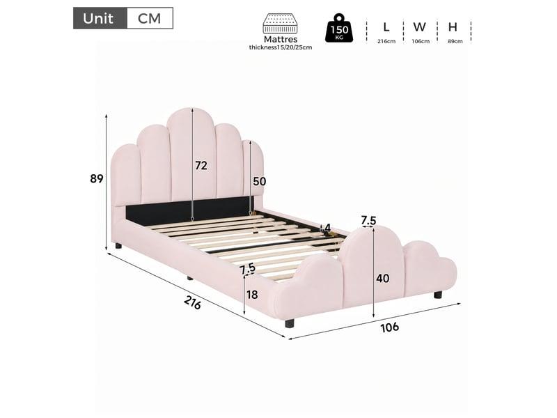  Lit enfant 90 × 200 cm 1 place avec tête de lit rembourrée et angles arrondis, sans matelas, en velours rose  - Conforama D
