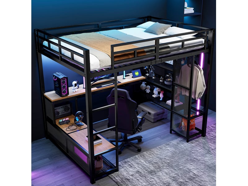 Lit mezzanine 140x200 cm avec bureau, rangements, penderie ouverte, usb led, métal mdf noir sans matelas - Conforama D