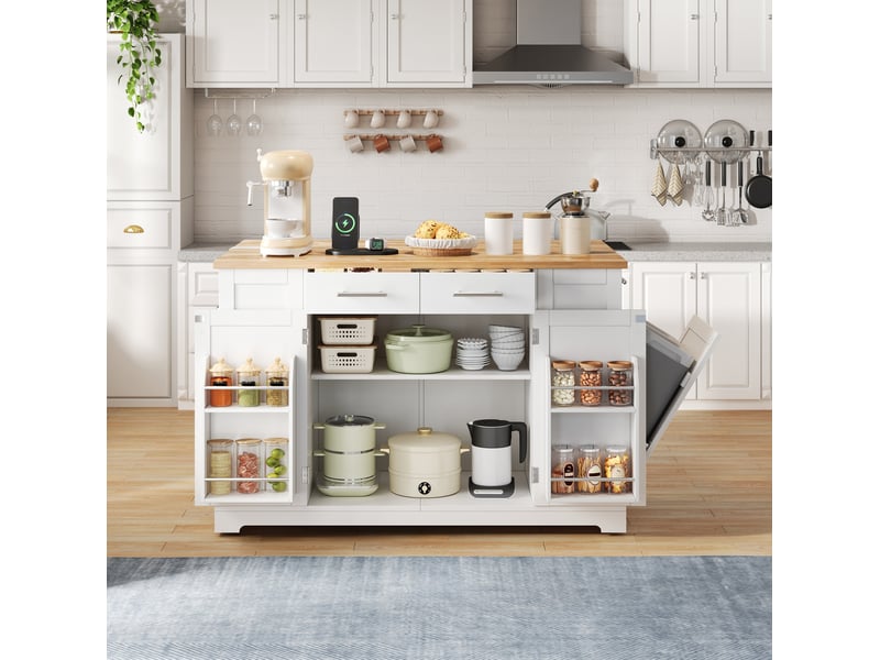 Îlot de cuisine avec plateau rabattable, 3 tiroirs, roulettes et espace poubelle pour cuisine en mdf blanc naturel - Conforama D