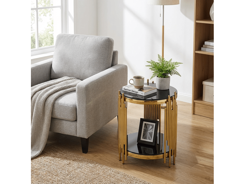  Table d'appoint tcqpz ronde en verre trempé noir et acier inoxydable doré 45 x 45 x 55 cm  - Conforama D