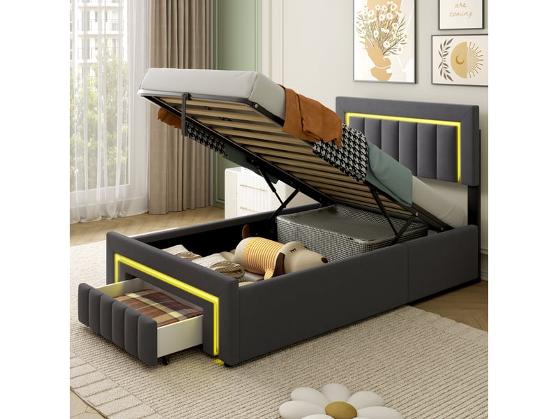 Lit coffre 90x200 cm avec boxspring, led et tiroirs de rangement - revêtement en velours gris foncé, structure métal et bois  - Conforama B