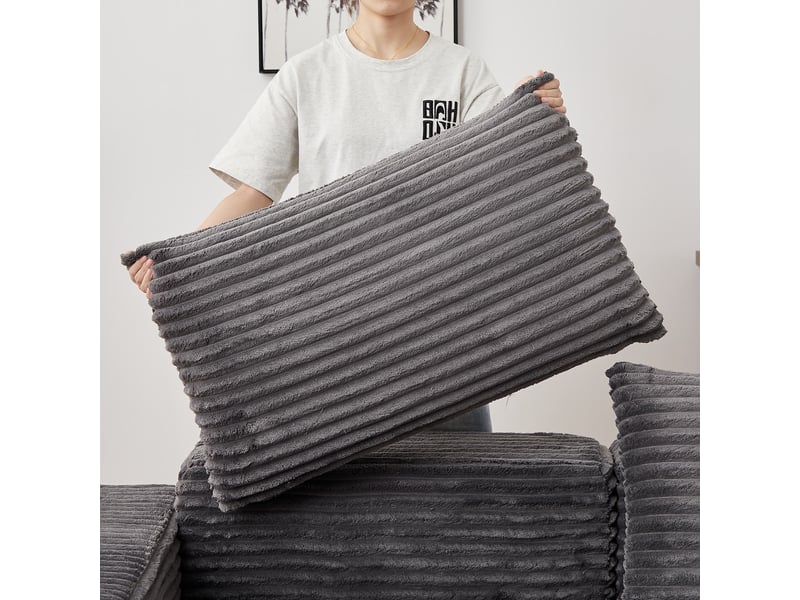  Canapé d’angle modulable en velours côtelé – accoudoirs carrés et 2 coussins inclus, 74×194×169.5 cm, gris  - Conforama R