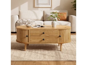 Table basse ovale avec portes coulissantes, 2 tiroirs, 100 x 50 x 40 cm, couleur chêne