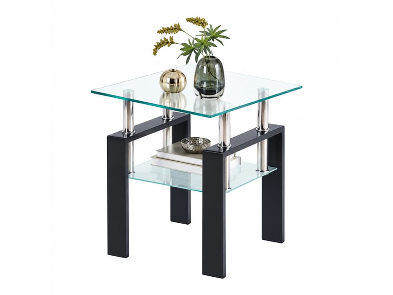  Lot de 2 tables d'appoint 17.71 x 17.71 x 20.47 pouces en verre trempé transparent avec étagère et pieds noirs chicfurn  - Conforama A