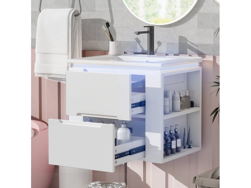  Meuble de salle de bain suspendu 61x46x50cm avec led, vasque, armoire de rangement, style moderne et simple, mdf blanc  - Conforama B