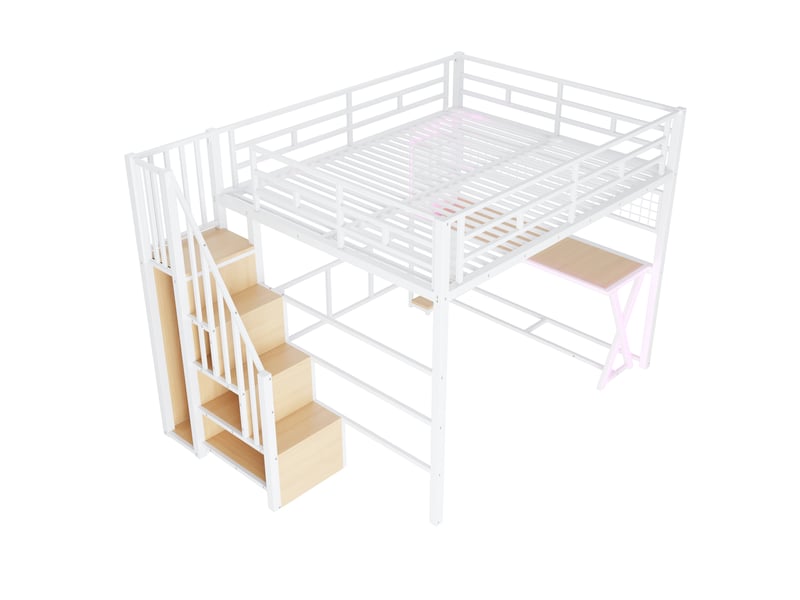 Lit mezzanine 160 x 200 cm – avec éclairage led – échelle avec rangements – avec bureau – blanc (matelas non inclus) - Conforama W