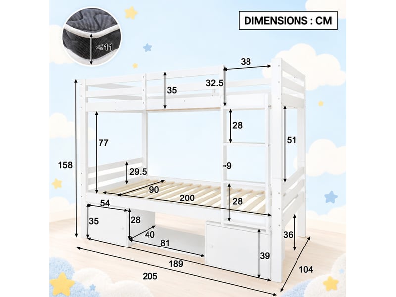 Lit superposé enfant 90 x 200 cm, séparable en 2 lits simples, étagères, meuble à chaussures, casiers de rangement, blanc - Conforama C