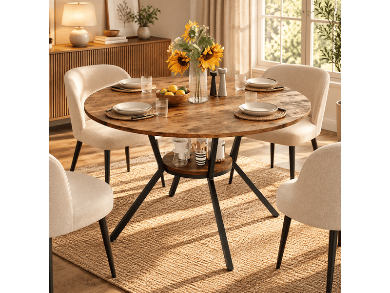  Table à manger ronde pour 6 personnes, table de cuisine style industriel avec plateau aspect bois et pied en métal 120 cm  - Conforama B