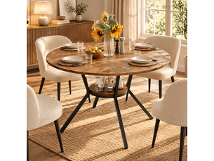 Table à manger ronde pour 6 personnes, table de cuisine style industriel avec plateau aspect bois et pied en métal 120 cm