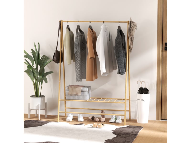  Porte-manteau sur pied 116x43,5x160 cm – bambou naturel – tringle, crochets et étagère à chaussures  - Conforama B