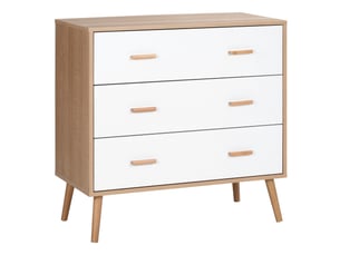 Commode en bois à 3 tiroirs, meuble de rangement moderne avec pieds surélevés pour chambre et salon, 80 x 39 x 80 cm, blanc et naturel