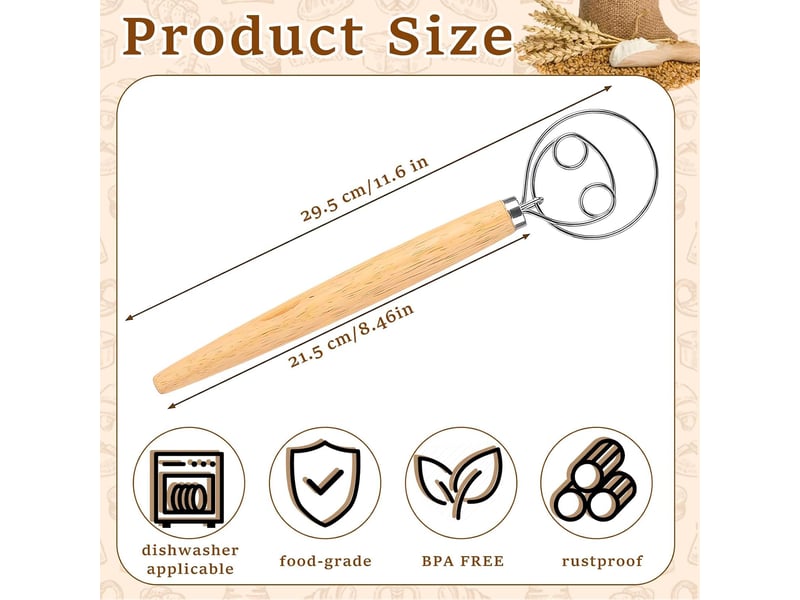 Fouet cuisine, fouet danois en acier inox pour pâte, 25 cm | double œillet, manche bois hêtre, mélange sans grumeaux, pizza, pâtisserie, pétrin, batteur main, inox - Conforama B