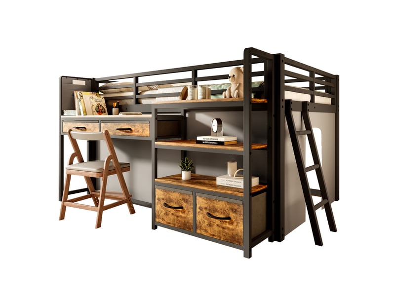 Lit mezzanine 140x200 cm bureau, rangements tiroirs tissu, led, gain de place, métal noir sans matelas - Conforama A