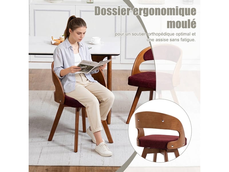Lot de 2 chaises de salle à manger pivotantes en lin rouge vin avec pieds en bois massif - Conforama E