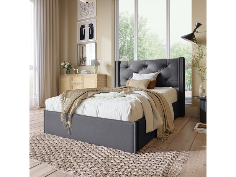  Lit coffre 90 x 200 cm, lit adulte avec rangement, rangement hydraulique, sommier à lattes inclus, tête de lit, coton, gris Morn Vibe - Conforama D
