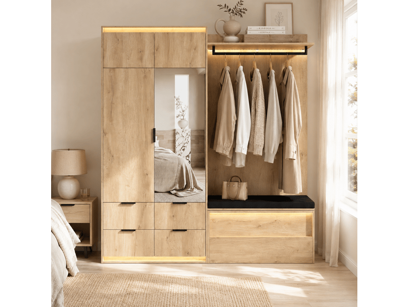  Garde-robe d'entrée 180x47x200 cm avec led, miroir, 2 tringles, 4 tiroirs, mdf, bois entrée et dressing pour chambre  - Conforama B