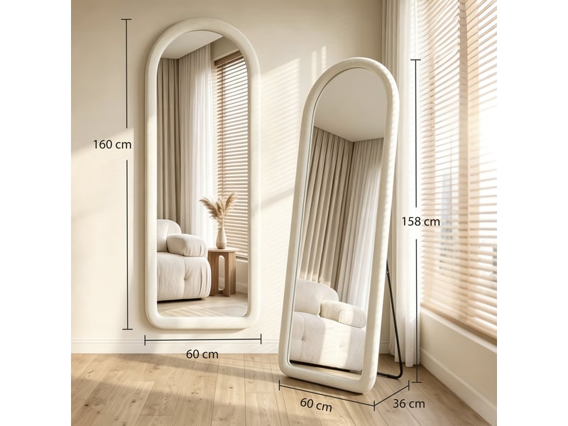  Miroir de sol arqué pleine longueur 160x60cm, grand miroir sur pied ou mural, cadre effet velours, verre trempé, crème  - Conforama E