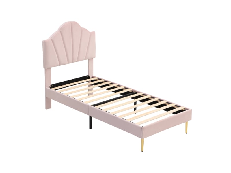  Lit enfant 90x200 cm, lit simple avec tête de lit réglable et banc bout de lit, en velours, rose, sans matelas  - Conforama A