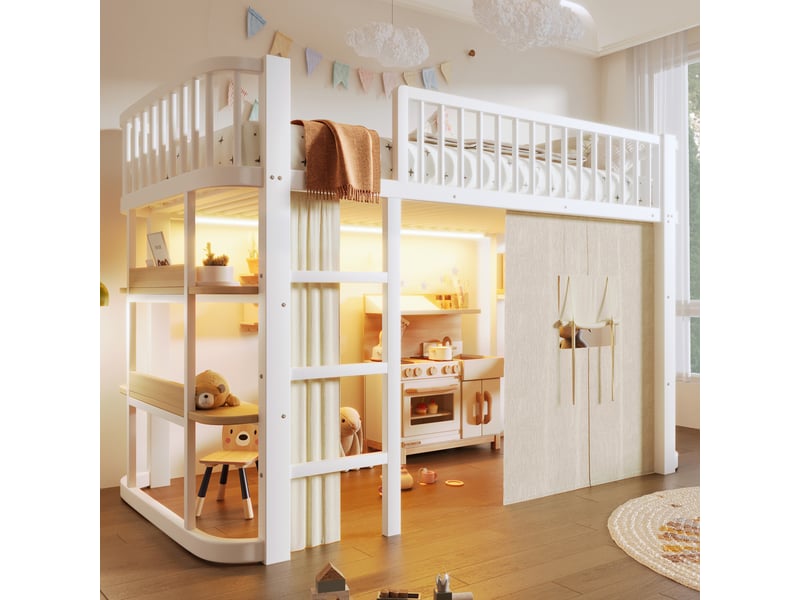 Lit mezzanine enfant 90x200 cm en métal blanc avec rideaux occultants, espace inférieur personnalisable et led intégrée Morn Vibe - Conforama B
