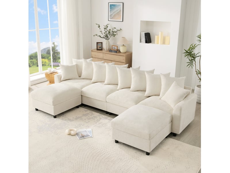 Canapé d’angle modulable modenvie 6 places en u ou l avec 2 poufs, ports usb et type-c, chenille beige - Conforama B
