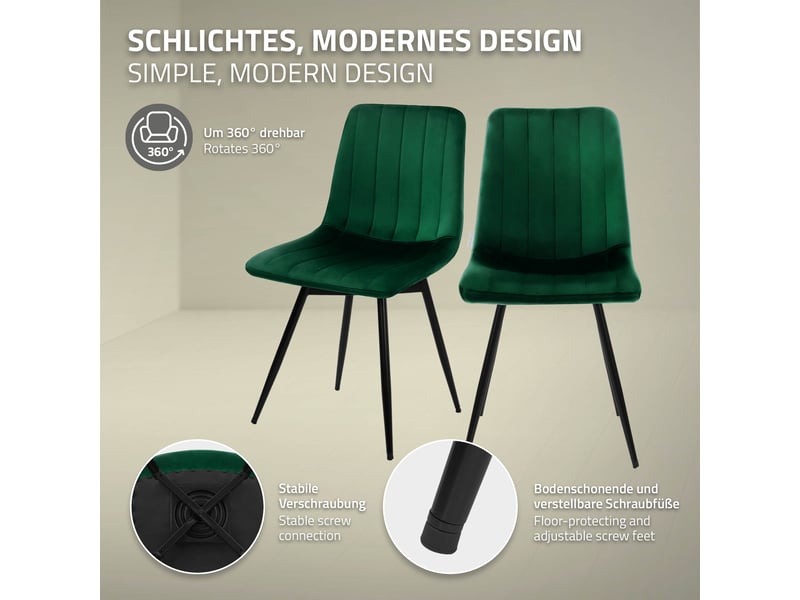 Ml-design chaise de salle à manger en velours, lot de 4, pivotante 360 degrés, avec dossier, pieds en métal, design moderne mid-century, patins réglables, pour cuisine salon, 120 kg, vert foncé - Conforama C