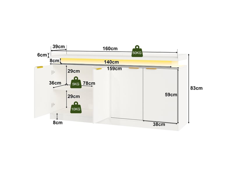  Buffet 160 x 39 x 83 cm, 4 portes, éclairage led rgb contrôlable par application et compartiments ouverts, blanc  - Conforama C